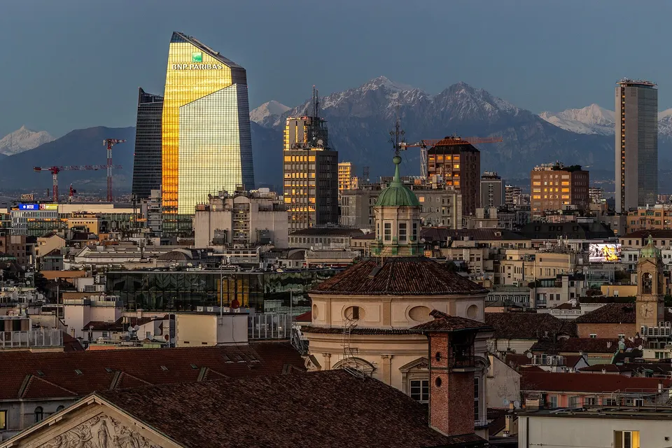 Milan, the city center, the "business center", its mountains; Lombardy, Italy
