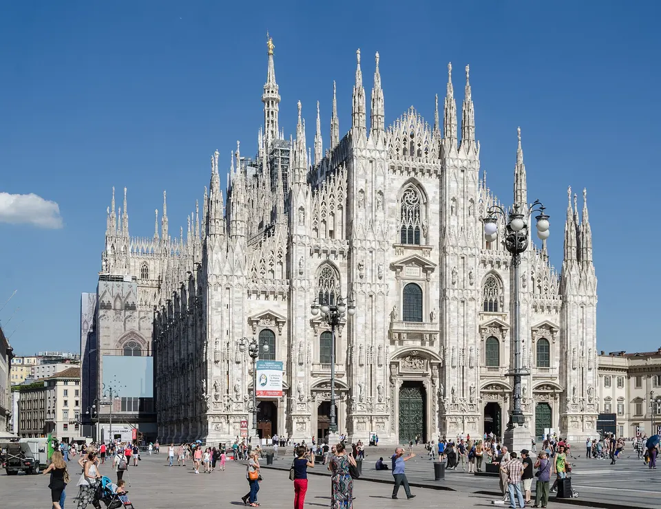 Milan (Lombardy, Italy) – Milan Cathedral – view from the northwest over the Piazza del Duomo (Cathedral Square)